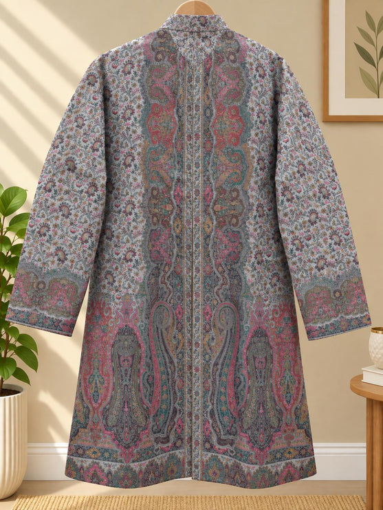 Powder Blue Kani Jamawar Paisley Silk Jacket for Women, Knee Length Kashmiri Long Coat, Multicolor Ethnic Wedding Jacket