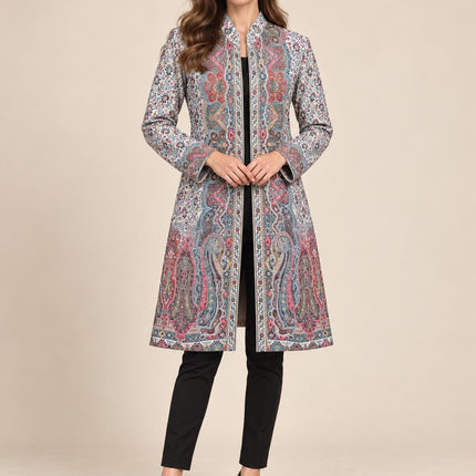 Powder Blue Kani Jamawar Paisley Silk Jacket for Women, Knee Length Kashmiri Long Coat, Multicolor Ethnic Wedding Jacket