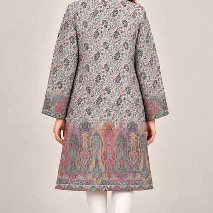 Powder Blue Kani Jamawar Paisley Silk Jacket for Women, Knee Length Kashmiri Long Coat, Multicolor Ethnic Wedding Jacket
