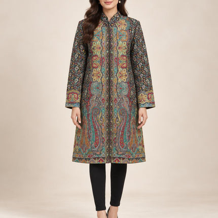 Women's Black Multicolor Kani Jamawar Knee-Length Jacket - product photo 1