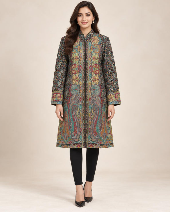 Women's Black Multicolor Kani Jamawar Knee-Length Jacket - product photo 1