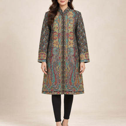 Black multicolor Kani Jamawar Paisley Silk Jacket for Women, Knee Length Kashmiri Long Coat, Multicolor Ethnic Wedding Jacket