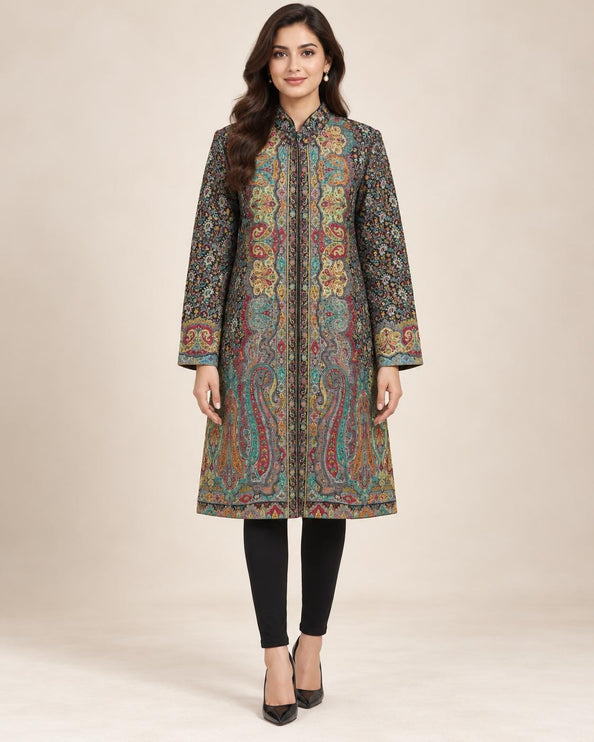 Black multicolor Kani Jamawar Paisley Silk Jacket for Women, Knee Length Kashmiri Long Coat, Multicolor Ethnic Wedding Jacket