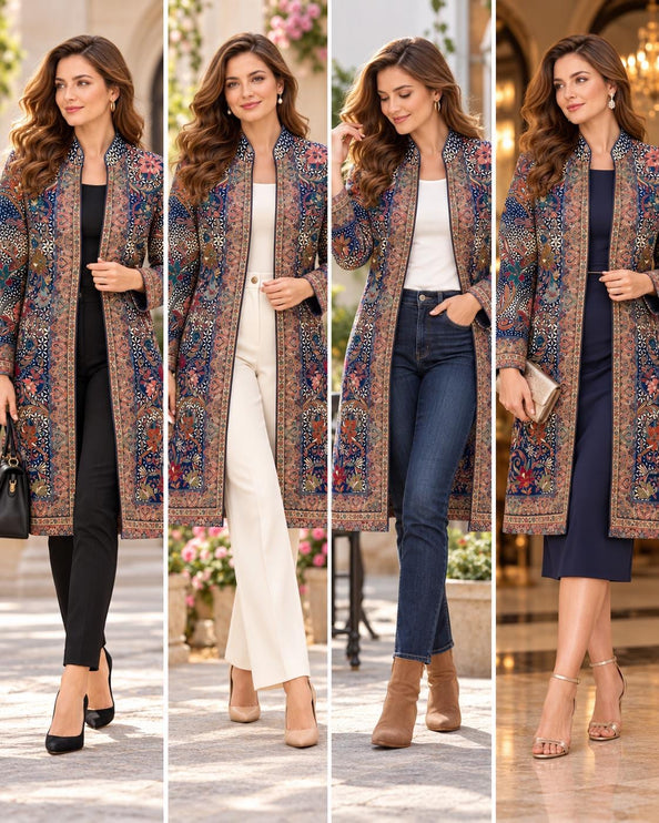 Women's Navy Blue Kani Jamawar Knee-Length Jacket - Size 42 - product photo 2