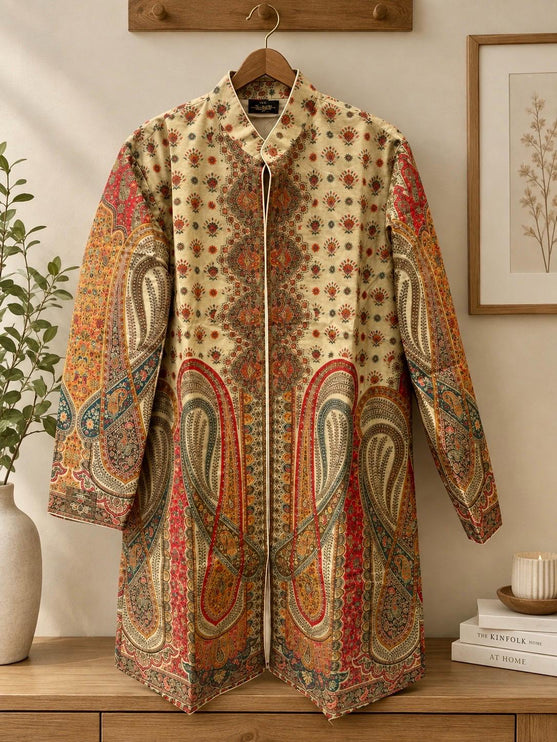 Beige multicolor  Kani Jamawar Paisley Silk Jacket for Women, Knee Length Kashmiri Long Coat, Multicolor Ethnic  Jacket Size-
