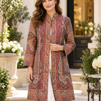 Women's Maroon Kani Jamawar Wool-Silk Jacket - Size 46 - product photo 1