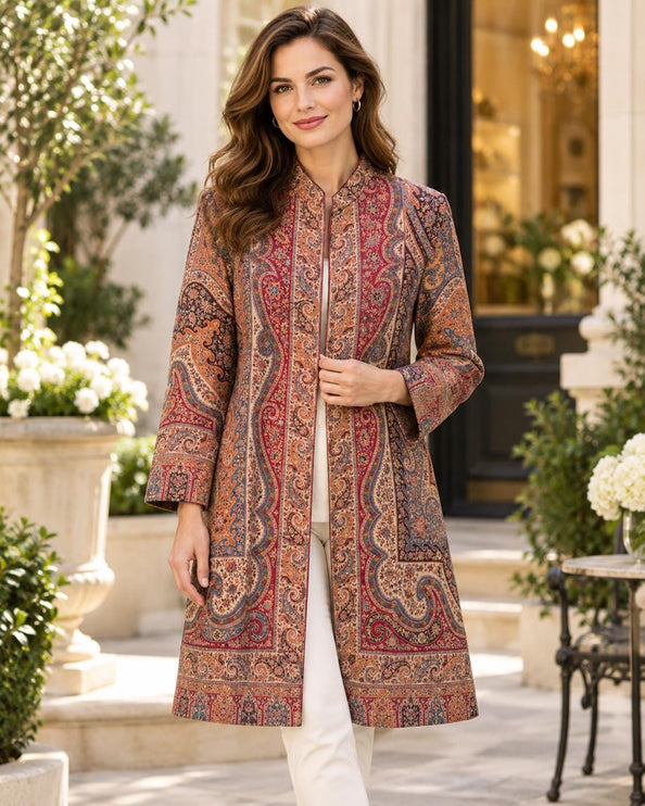 Maroon multicolor  Kani Jamawar Paisley Silk Jacket for Women, Knee Length Kashmiri Long Coat, Multicolor Ethnic  Jacket Size