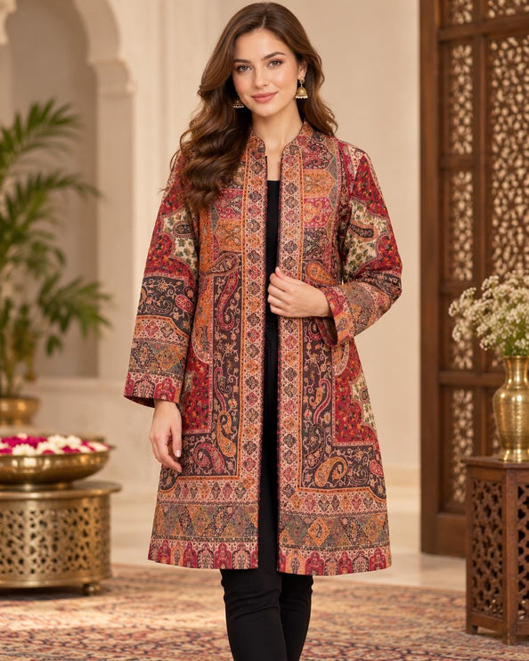 Women's Deep Red Kani Jamawar Wool-Silk Jacket - Size 46 - product photo 1