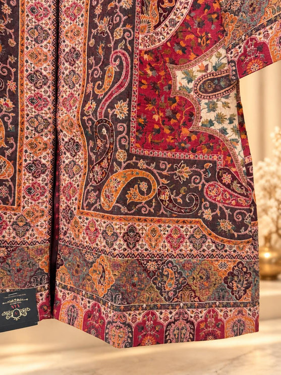 Deep Red multicolor  Kani Jamawar Paisley Silk Jacket for Women, Knee Length Kashmiri Long Coat, Multicolor Ethnic  Jacket Si