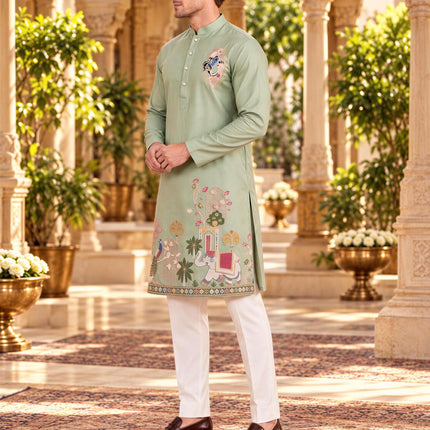 Mint Soft Silk Kurta Set, Embroidered Mens Indo-Western Ensemble (Size 40)