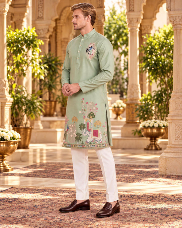 Mint Soft Silk Kurta Set, Embroidered Mens Indo-Western Ensemble (Size 40)