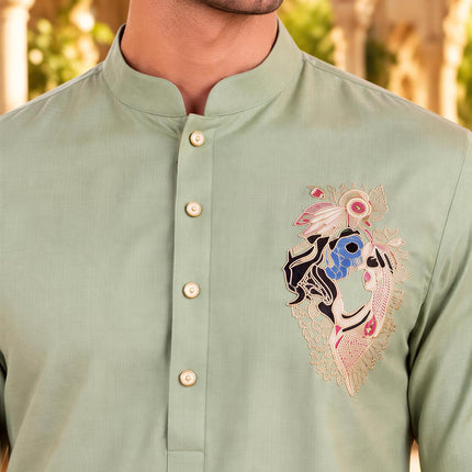 Mint Soft Silk Kurta Set, Embroidered Mens Indo-Western Ensemble (Size 40)