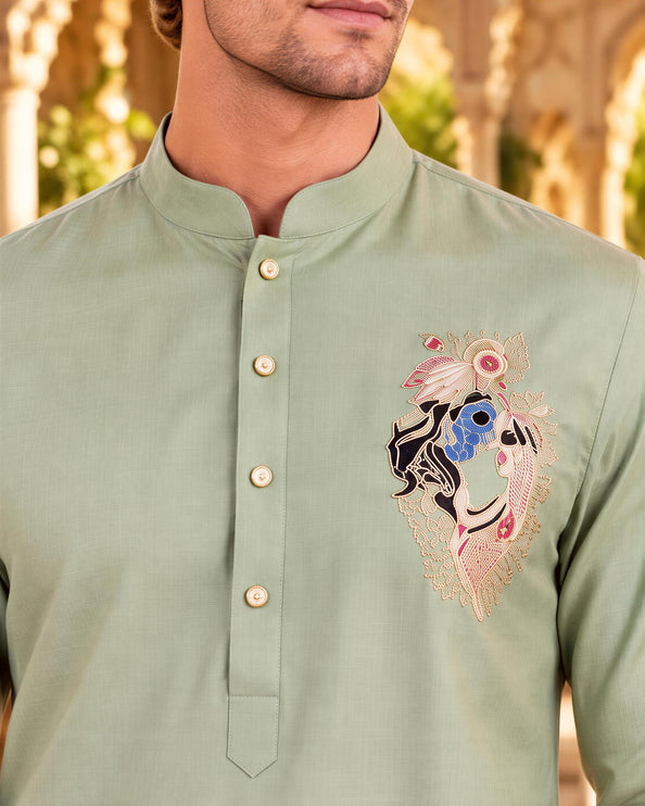 Mint Soft Silk Kurta Set, Embroidered Mens Indo-Western Ensemble (Size 40)