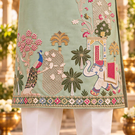 Mint Soft Silk Kurta Set, Embroidered Mens Indo-Western Ensemble (Size 40)