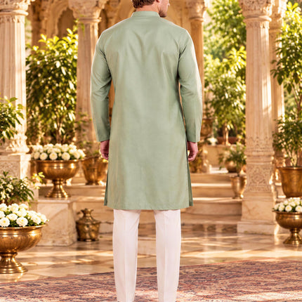 Mint Soft Silk Kurta Set, Embroidered Mens Indo-Western Ensemble (Size 40)
