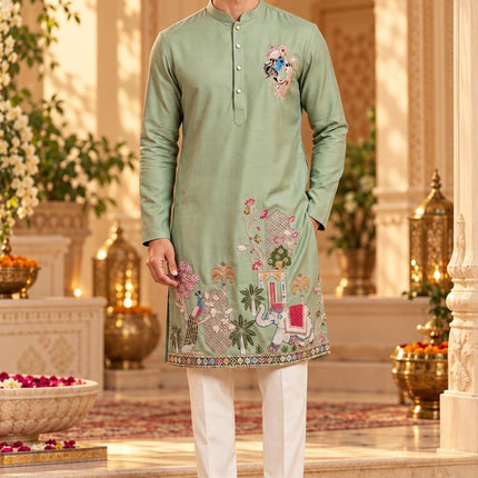 Mint Soft Silk Kurta Set, Embroidered Mens Indo-Western Ensemble (Size 40)