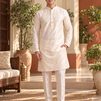 Mens Tussar Silk, Indo-Western Kurta Set | Mandarin Collar, Hand-Finished Seams, Matching Pants | Size 40