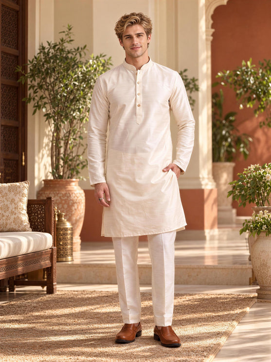 Mens Tussar Silk, Indo-Western Kurta Set | Mandarin Collar, Hand-Finished Seams, Matching Pants | Size 40