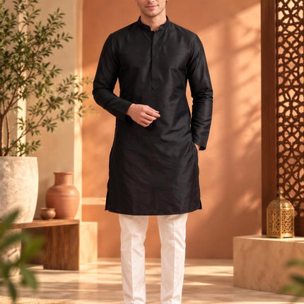 Mens Tussar Silk, Indo-Western Kurta Set | Mandarin Collar, Hand-Finished Seams, Matching Pants | Size 40
