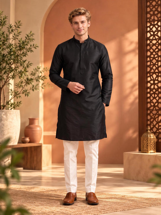 Mens Tussar Silk, Indo-Western Kurta Set | Mandarin Collar, Hand-Finished Seams, Matching Pants | Size 40