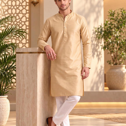 Mens Tussar Silk, Indo-Western Kurta Set | Mandarin Collar, Hand-Finished Seams, Matching Pants | Size 40