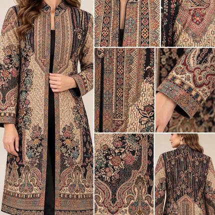 Women’s Kashmiri Style Long Jacket – Black Floral Paisley Tapestry Coat, Elegant Ethnic Indo Western Jacket