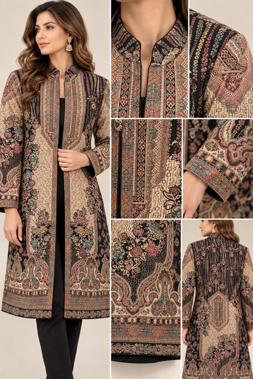 Women’s Kashmiri Style Long Jacket – Black Floral Paisley Tapestry Coat, Elegant Ethnic Indo Western Jacket