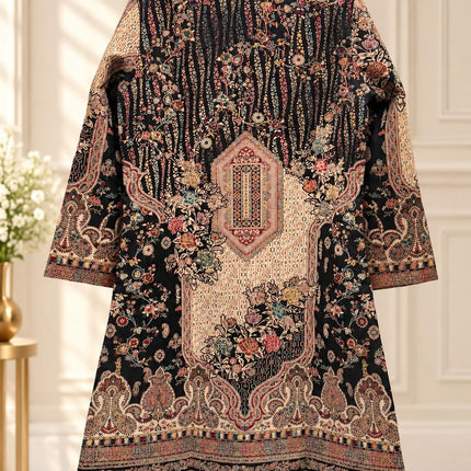 Women’s Kashmiri Style Long Jacket – Black Floral Paisley Tapestry Coat, Elegant Ethnic Indo Western Jacket