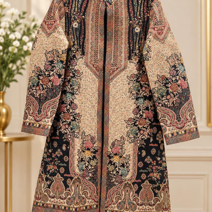 Women’s Kashmiri Style Long Jacket – Black Floral Paisley Tapestry Coat, Elegant Ethnic Indo Western Jacket