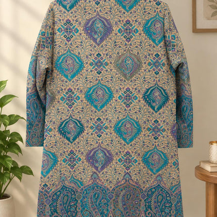 Women’s Kashmiri Style Long Jacket – Aqua blue with beige Floral Paisley Tapestry Coat, Elegant Ethnic Indo Western Jacket | 