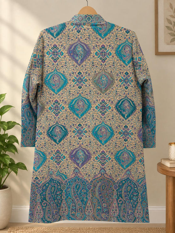 Women’s Kashmiri Style Long Jacket – Aqua blue with beige Floral Paisley Tapestry Coat, Elegant Ethnic Indo Western Jacket |