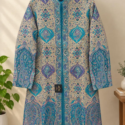 Women’s Kashmiri Style Long Jacket – Aqua blue with beige Floral Paisley Tapestry Coat, Elegant Ethnic Indo Western Jacket | 