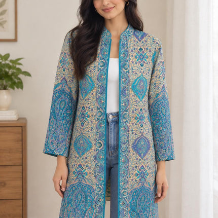 Women’s Kashmiri Style Long Jacket – Aqua blue with beige Floral Paisley Tapestry Coat, Elegant Ethnic Indo Western Jacket | 