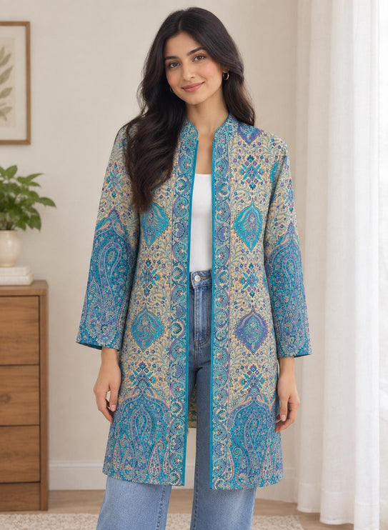 Women’s Kashmiri Style Long Jacket – Aqua blue with beige Floral Paisley Tapestry Coat, Elegant Ethnic Indo Western Jacket |