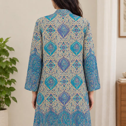Women’s Kashmiri Style Long Jacket – Aqua blue with beige Floral Paisley Tapestry Coat, Elegant Ethnic Indo Western Jacket | 