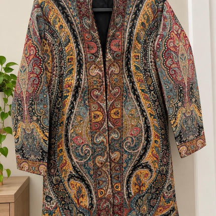 Women's Black & Yellow Floral Paisley Wool-Silk Long Jacket - product photo 2