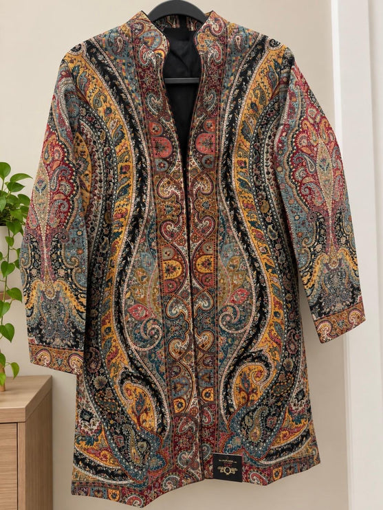 Women’s Kashmiri Style Long Jacket – Black base with yellow and  Floral Paisley Tapestry Coat, Elegant Ethnic Indo Western Ja
