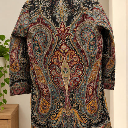 Women’s Kashmiri Style Long Jacket – Black base with yellow and  Floral Paisley Tapestry Coat, Elegant Ethnic Indo Western Ja