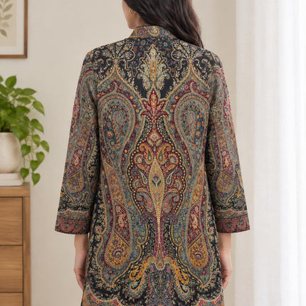 Women's Black & Yellow Floral Paisley Wool-Silk Long Jacket - product photo 3