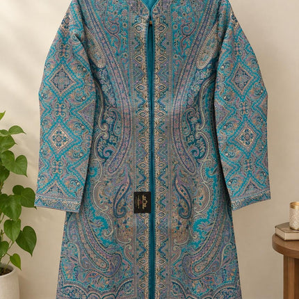 Women’s Kashmiri Style Long Jacket – Aqua Floral Paisley Tapestry Coat, Elegant Ethnic Indo Western Jacket | size L 42