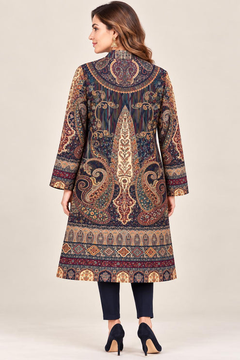 Women’s Kashmiri Style Long Jacket – Dark BLUE Paisley Tapestry Coat, Elegant Ethnic Indo Western Jacket