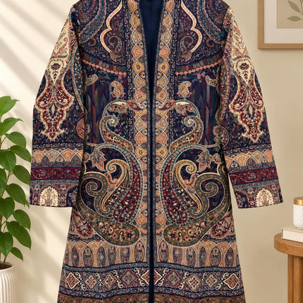 Women’s Kashmiri Style Long Jacket – Dark BLUE Paisley Tapestry Coat, Elegant Ethnic Indo Western Jacket