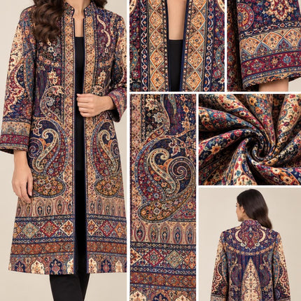 Women’s Kashmiri Style Long Jacket – Dark BLUE Paisley Tapestry Coat, Elegant Ethnic Indo Western Jacket