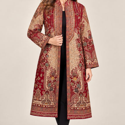 Women’s Kashmiri Style Long Jacket – Red and beige Paisley Tapestry Coat, Elegant Ethnic Indo Western Jacket