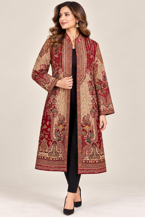 Women’s Kashmiri Style Long Jacket – Red and beige Paisley Tapestry Coat, Elegant Ethnic Indo Western Jacket