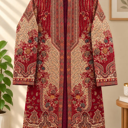 Women’s Kashmiri Style Long Jacket – Red and beige Paisley Tapestry Coat, Elegant Ethnic Indo Western Jacket