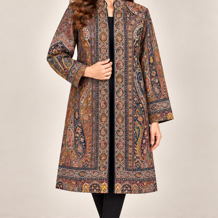 Women’s Kashmiri Style Long Jacket – Black base Jamawar Kani  Paisley Tapestry Coat, Elegant Ethnic Indo Western Jacket