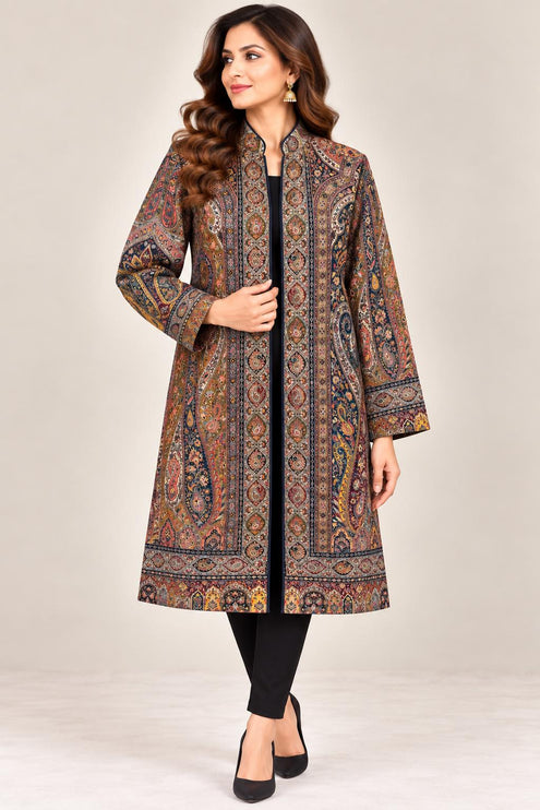 Women’s Kashmiri Style Long Jacket – Black base Jamawar Kani  Paisley Tapestry Coat, Elegant Ethnic Indo Western Jacket