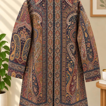 Women's Black Base Kani Jamawar Wool-Silk Long Jacket - product photo 5