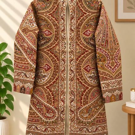 Women's Beige & Cream Kani Paisley Wool-Silk Long Jacket - product photo 3